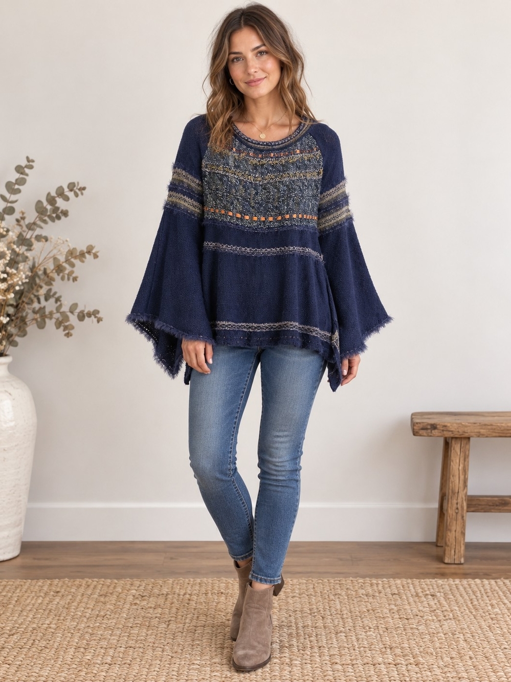 Free People Boho Knit Bell-Sleeve Sweater - Navy